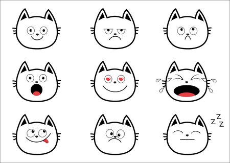 Cute black contour cat set. Funny cartoon characters. Emotion collection. Happy, surprised, crying, sad, angry, smiling. White background Isolated. Flat design Vector illustrationのイラスト素材