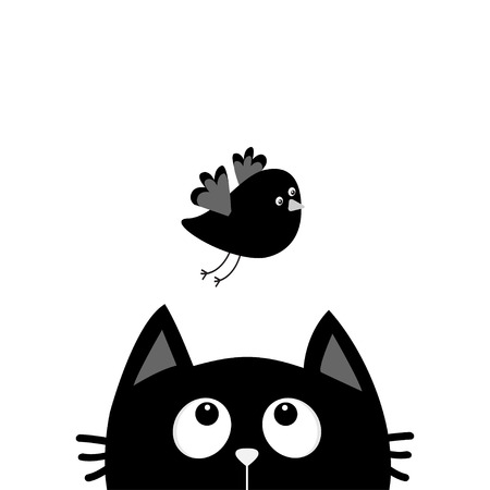 Black cat face head silhouette looking up to flying bird. Cute cartoon character. Kawaii animal. Baby card. Pet collection. Flat design style. White background. Isolated. Vector illustrationのイラスト素材