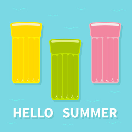 Yellow, pink, green air pool floating water mattress icon set. Blue water sea ocean background with wave. Hello summer greeting card. Flat design. Vector illustrationのイラスト素材