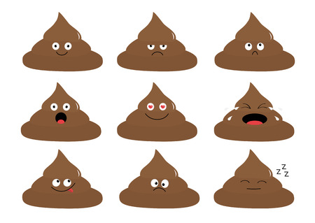 Cute poop emoji set. Funny cartoon characters. Emotion collection. Happy, surprised, crying, sad angry pupping. White background. Isolated. Flat design Vector illustrationのイラスト素材