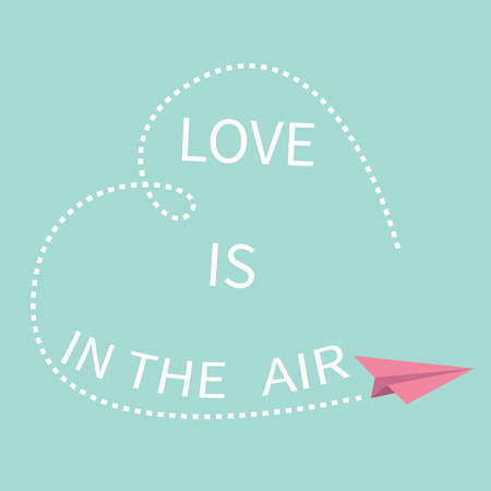 Flying origami paper plane. Love is in the air Lettering text. Dashed Heart line frame Happy Valentines day Greeting card Typographical blue sky background with quote Flat design Vectorのイラスト素材