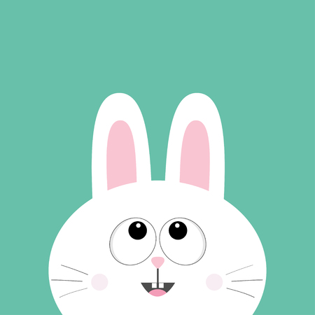 White bunny rabbit looking up. Cute cartoon smiling character. Surprised emotion. Baby greeting card. Happy Easter sign symbol. Green background. Flat design. Vector illustrationのイラスト素材
