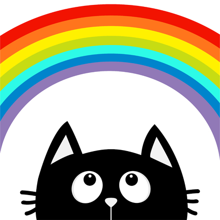 Black cat looking up to big rainbow. Cute cartoon character. Valentines Day. Kawaii animal. Love Greeting card. LGBT flag color sign symbol. Flat design. White background Isolated. Vector illustrationのイラスト素材