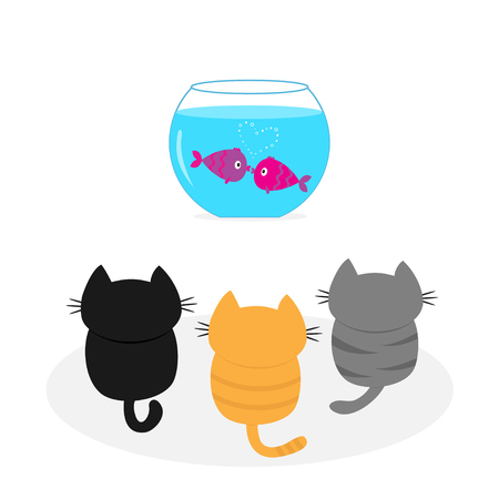Three kittens looking to aquarium with fish set. Little cat family. Pet animal collection. Cute cartoon funny character. Flat design. White background Isolated Vector illustrationのイラスト素材