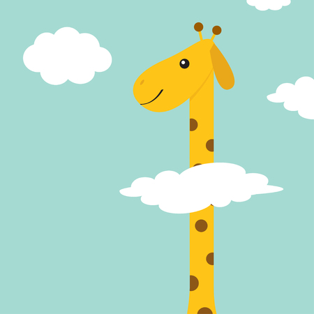 Giraffe Zoo animal. Long neck. Cute cartoon character. Wild savanna jungle african animals collection. Education cards for kids. Isolated. Blue sky background with white cloud. Flat design. Vectorのイラスト素材