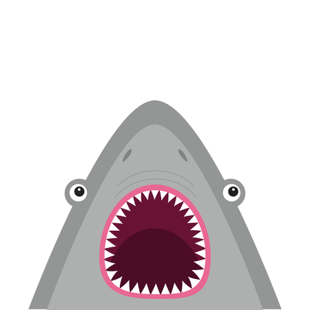 Shark head face with big open mouth and sharp teeth. Cute cartoon animal character. Baby card. Sea ocean wild animal. Sticker print template. Flat design. White background Isolated Vector illustration