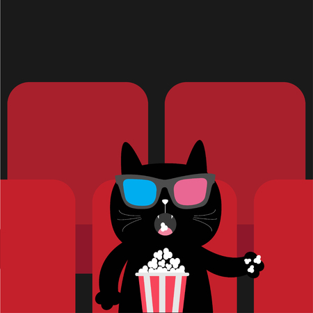 Cat eating popcorn in movie theater. Cute cartoon character. Film show Cinema background. Kitten watching movie in 3D glasses. Red seats hall. Dark background. Flat design Vector illustrationのイラスト素材