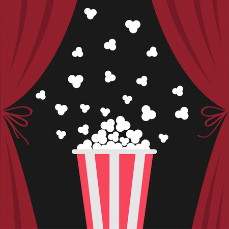 Popcorn box popping. Open luxury red silk stage theatre curtain. Velvet scarlet curtains with bow. Fast food. Flat design. Movie cinema premiere icon. Template. White background. Vector illustrationのイラスト素材