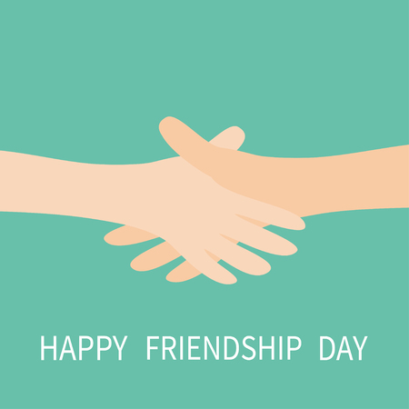 Happy Friendship Day. Handshake icon. Two hands arms reaching to each other. Shaking hands. Close up body part. Friends forever. Helping hand. Green background Isolated. Flat design. Vectorのイラスト素材