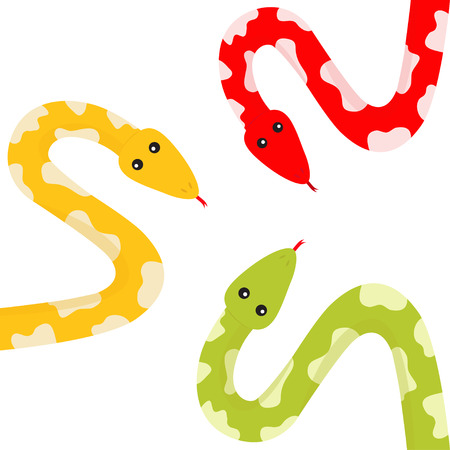 Yellow green red python snake set tongue. Golden crawling serpent with spot. Cute cartoon character. Flat design. White background. Isolated. Vector illustrationのイラスト素材