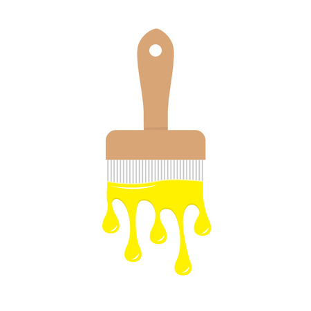Paintbrush icon with yellow color drops. Flowing down dripping paint. Flat design Decoration element. White background. Isolated Vector illustrationのイラスト素材
