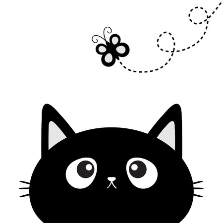 Black cat head silhouette looking at butterfly insect. Dash line track with loop. Cute cartoon character.のイラスト素材