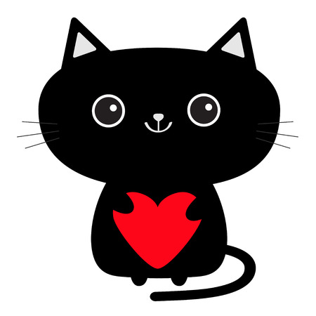 Cute black cat icon holding red heart. Funny cartoon character.  Baby pet collection White background Isolated.のイラスト素材
