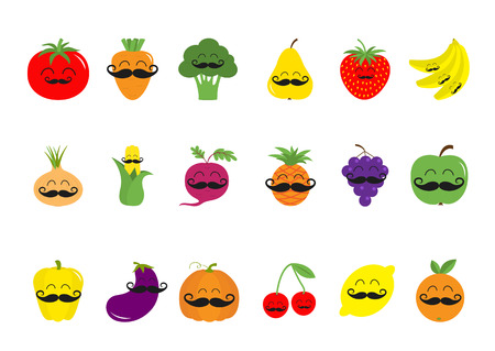 Fruit berry vegetable mustache face icon set.のイラスト素材
