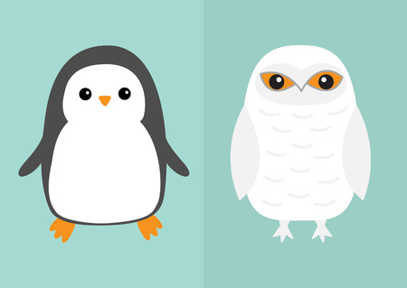 White Snowy owl Penguin bird icon set. Sitting bird with wings. Snow barn. Yellow eyes. Arctic Polar animal collection. Baby education. Flat design. Isolated. Blue sky winter background. Vectorのイラスト素材