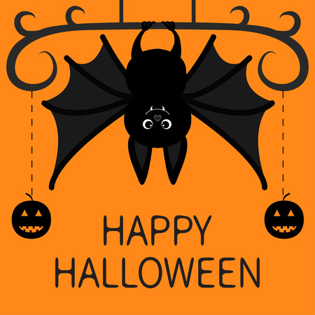Bat hanging. Dash line pumpkin smile face. Happy Halloween. Cute cartoon character with big wing, ears. Black silhouette.のイラスト素材