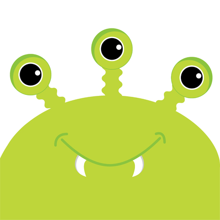 Green monster head with three eyes, fang tooth. Funny Cute cartoon character.のイラスト素材
