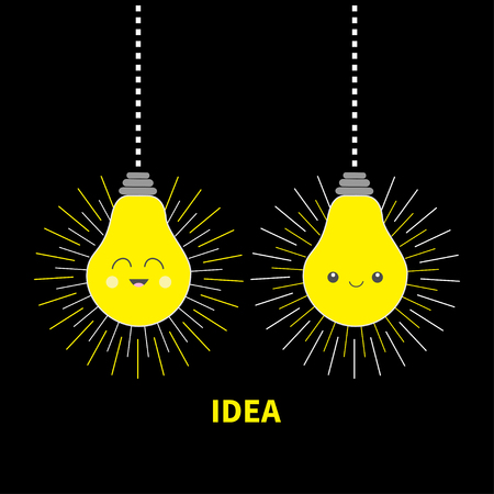 Hanging Idea light bulb icon set Happy smiling face. Shining effect. Dash line. Cute cartoon character. Yellow color switch on. Business success concept. Flat design. Black background Isolated. Vectorのイラスト素材