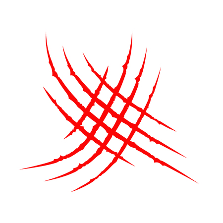 Criss cross red bloody claws animal scratch scrape track. Cat tiger dinosaur scratches paw. Four nails trace shape. Funny design element. Flat design. Isolated. White background. Vector illustrationのイラスト素材