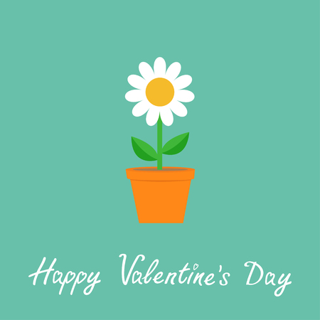 Happy Valentines Day. Daisy in red pot. Camomile icon. White chamomile. Cute flower plant collection. Growing concept. Flat design. Green background. Isolated. Love card. Vector illustrationのイラスト素材