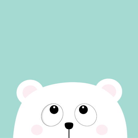 Polar white little small bear cub head face looking up. Big eyes. Cute cartoon baby character. Arctic animal collection. Flat design Winter blue background Isolated. Vectorのイラスト素材