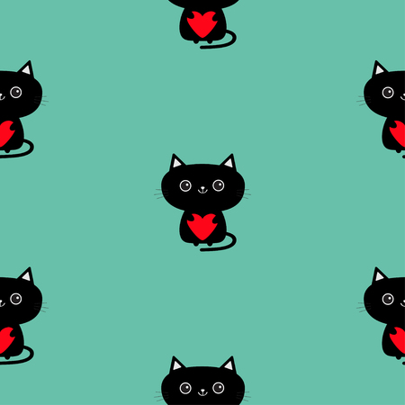 Cute black cat holding red heart. Pattern Seamless. Funny cartoon animal character. Kitty kitten. Baby pet collection. Wrapping paper, textile template. Blue background. Isolated. Flat design. Vectorのイラスト素材