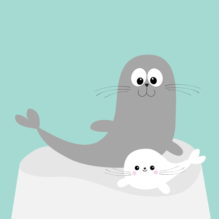 Sea lion. Harp seal pup lying on iceberg ice. Cute cartoon character. Happy animal collection. Sea ocean water. Mother and baby family. Blue background. Flat design Vector illustrationのイラスト素材