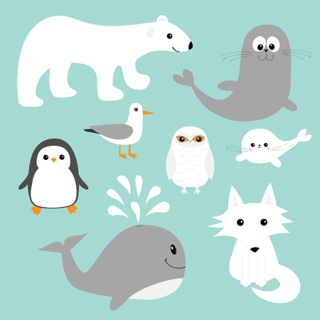 Arctic polar animal set. White bear, owl, penguin, Seal pup baby harp sea lion fox wolf whale albatross seagall. Kids education cards Cute cartoon character Blue background Isolated Flat design Vectorのイラスト素材