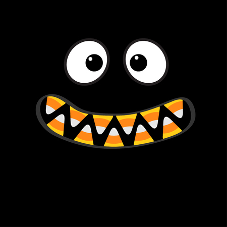 Monster face emotions, Vampire tooth fang, Big eyes, mouth with candy corn teeth, Happy Halloween in  Flat design style .のイラスト素材