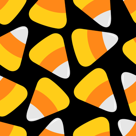 Candy corn big. Happy Halloween Seamless Pattern. Wrapping paper, textile template. Flat design. Black background. Vector illustration.のイラスト素材