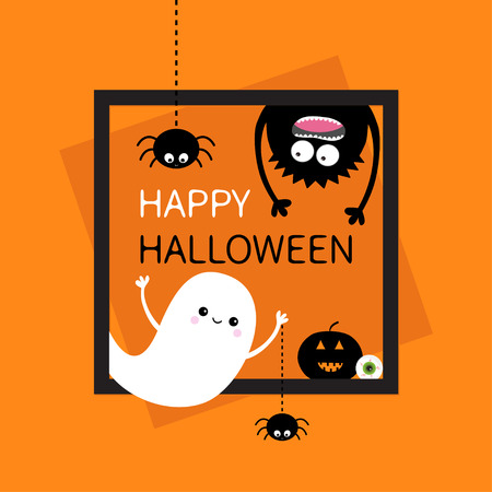 Happy Halloween card. Square frame. Flying ghost, monster head silhouette. Hanging upside down. Black spider dash line. Pumpkin, eyeball. Cute cartoon baby character. Flat Orange background. Vectorのイラスト素材