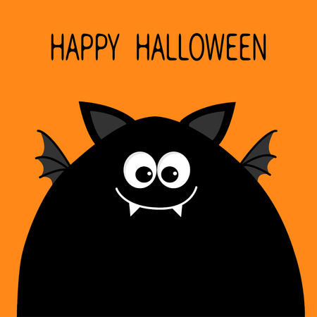 Happy Halloween card. Funny monster head silhouette with big eyes, fang tooth and wings. Cute cartoon character. Orange color. Baby collection. Isolated. Flat design. Vector illustrationのイラスト素材