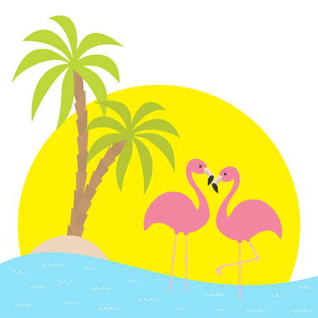 Two pink flamingo standing on one leg. Palms tree, island, ocean, see water wave, sun set. Exotic tropical bird. Zoo animal collection. Cute cartoon character. Love Flat design White background Vectorのイラスト素材