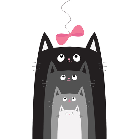 Black gray cat head looking at pink bow hanging on thread. Cats in a row. Different size. Cute cartoon character family set. Pet baby collection Card. Flat design. White background Vector illustrationのイラスト素材