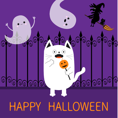 Happy Halloween. Spooky frightened cat holding pumpkin face on stick. Forged iron fence. Flying ghosts hands up, witch broom Boo. Cute Funny cartoon baby character Flat design Violet background Vectorのイラスト素材