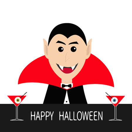 Count Dracula head face wearing black and red cape. Cute cartoon smiling vampire character fangs. Bar counter Martini glass with blood eyeball. Happy Halloween. Flat design. White background. Vectorのイラスト素材