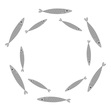 Sardine gray fish set. Iwashi. Sardina pilchardus school. Cute cartoon character. Anchovy pilchard. Round circle frame. Water animal Marine life. Flat design. White background. Isolated. Vectorのイラスト素材