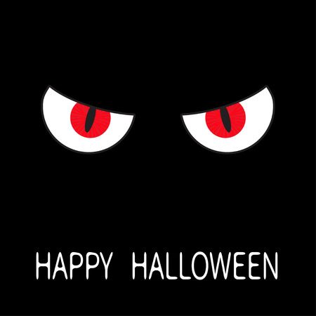 Evil Red eyes in dark night. Angry cartoon character head face. Happy Halloween Greeting card. Flat design. Black background. Vector illustrationのイラスト素材