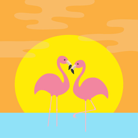Two pink flamingo standing on one leg. Ocean, see water wave, sun set. Exotic tropical bird. Zoo animal collection. Cute cartoon character. Love Flat design. Orange background. Vector illustrationのイラスト素材