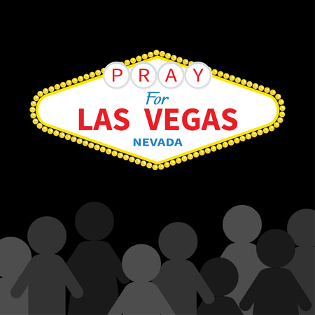 Welcome to Las Vegas sign. Pray for LV Nevada. October 1, 2017. People silhouette. Tribute to victims of terrorism attack mass shooting. Helping concept. Flat design. Black background. Vectorのイラスト素材