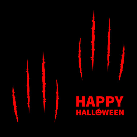 Happy Halloween pumpkin text with two red bloody claws animal scratch.のイラスト素材