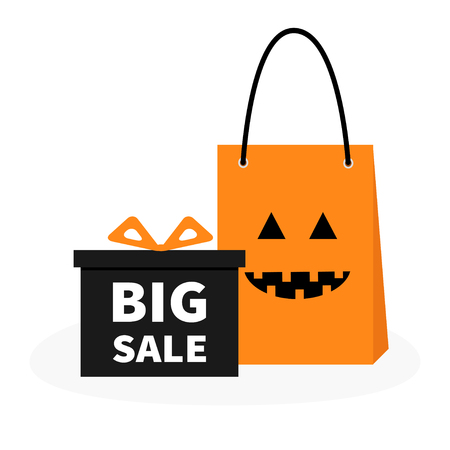 Gift box ribbon and bow. Pumpkin face shopping bag. Present giftbox. Big sale happy halloween advertising banner poster. Special offer. White background. Isolated. Flat design Vectorのイラスト素材