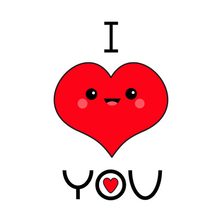Red heart face head. I love you. Exclamation point. Cute cartoon funny smiling character. Eyes, mouth, blush cheek. Happy Valentines day. Flat design. Greeting card. White background. Vectorのイラスト素材