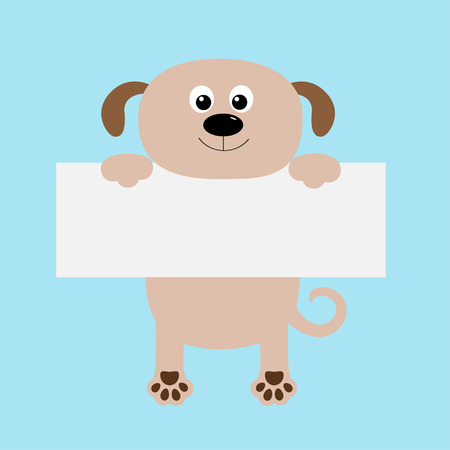 Funny dog hanging on paper board template.Big eyes. Kawaii puppy animal body. Cute cartoon character. Baby card. Pet collection. Flat design style. Blue background Isolated Vector illustrationのイラスト素材