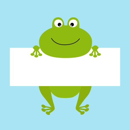 Funny frog hanging on paper board template. Big eyes. Cute cartoon character. Baby card. Flat design style. Blue background Isolated. Vector illustrationのイラスト素材
