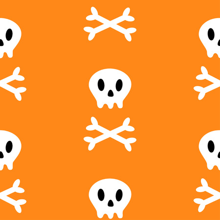 Skull with bone crosswise icon. White crossbones. Skeleton body part. Seamless Pattern. Happy Halloween sign symbol. Cute cartoon character. Pirate flag element. Orange background. Flat design. Vectorのイラスト素材