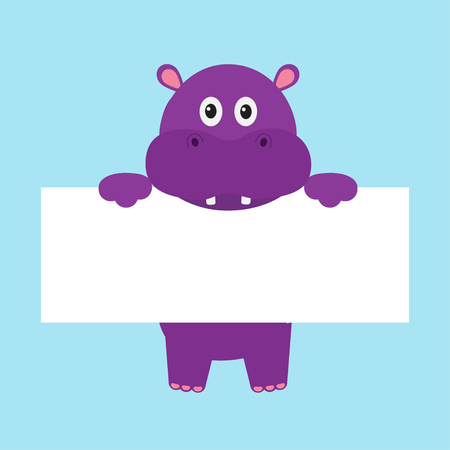Funny hippo hippopotamus behemoth hanging on paper board template.   animal body. Cute cartoon character. Baby card. Flat design style Blue background Isolated Vector illustrationのイラスト素材