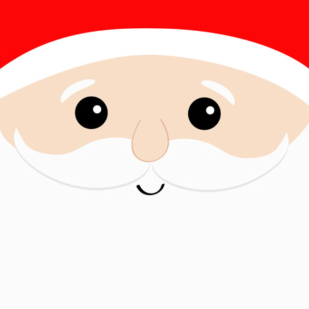 Santa Claus big head face. White beard, moustaches, eyebrows, red hat. Cute cartoon funny character. Merry Christmas. Winter background. Greeting card. Vector illustrationのイラスト素材