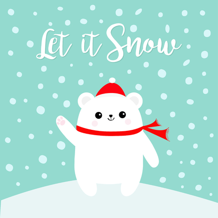 Let it snow. Polar white bear cub waving hand paw print. Red Santa Claus hat and scarf. Cute cartoon baby character.のイラスト素材