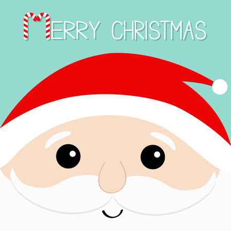 Merry Christmas. Candy cane. Santa Claus head face. Beard, moustaches, white eyebrows, red hat. Cute cartoon kawaii funny father character. Blue background. Greeting card. Vector illustrationのイラスト素材